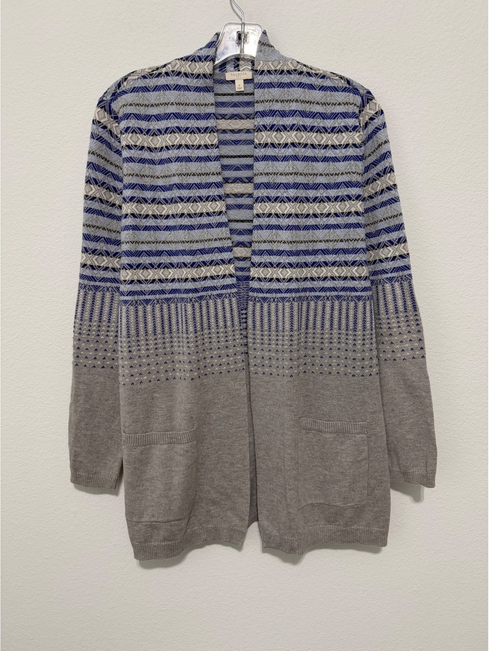 Talbots Long Sleeve Fair Isle Cotton Blend Open Front Cardigan Sweater Size S